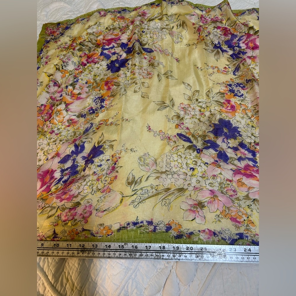 Floral Print Scarf with Yellow & Purple Blooms 31 x 31. Rolled hem. Lightweight.
